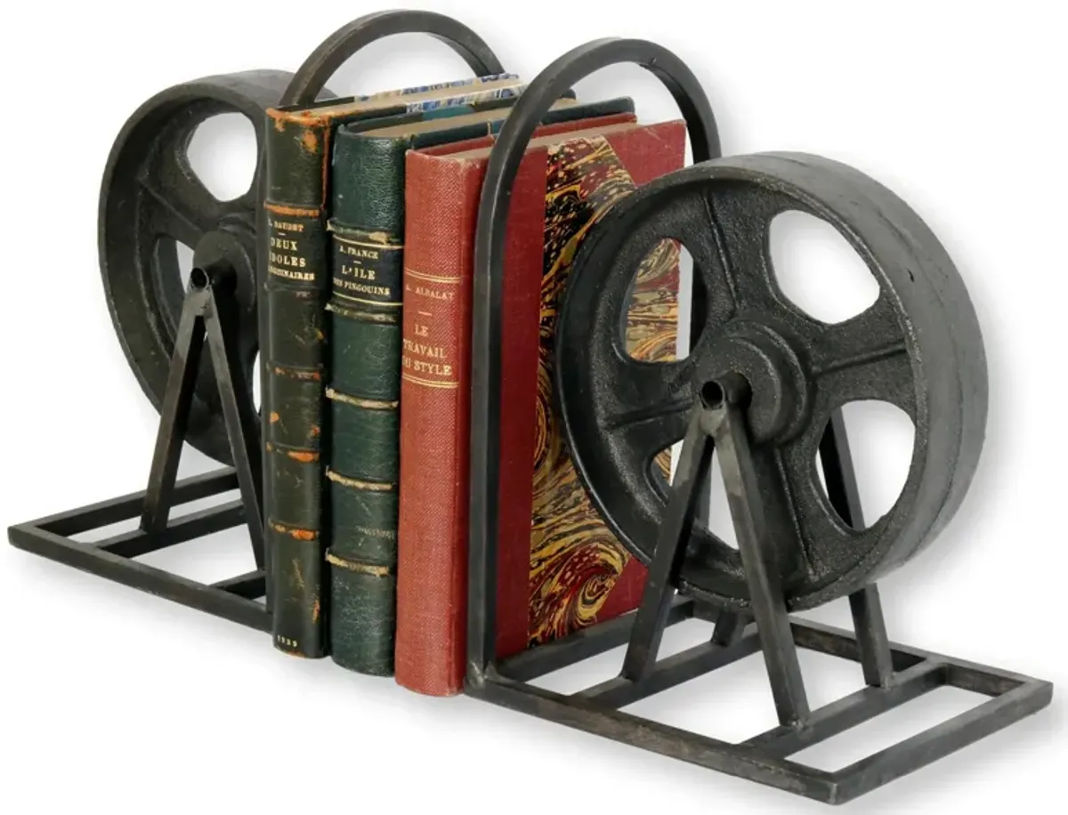 Industrial Wheel Bookends - Set of 2 - The Queens Landing - Black