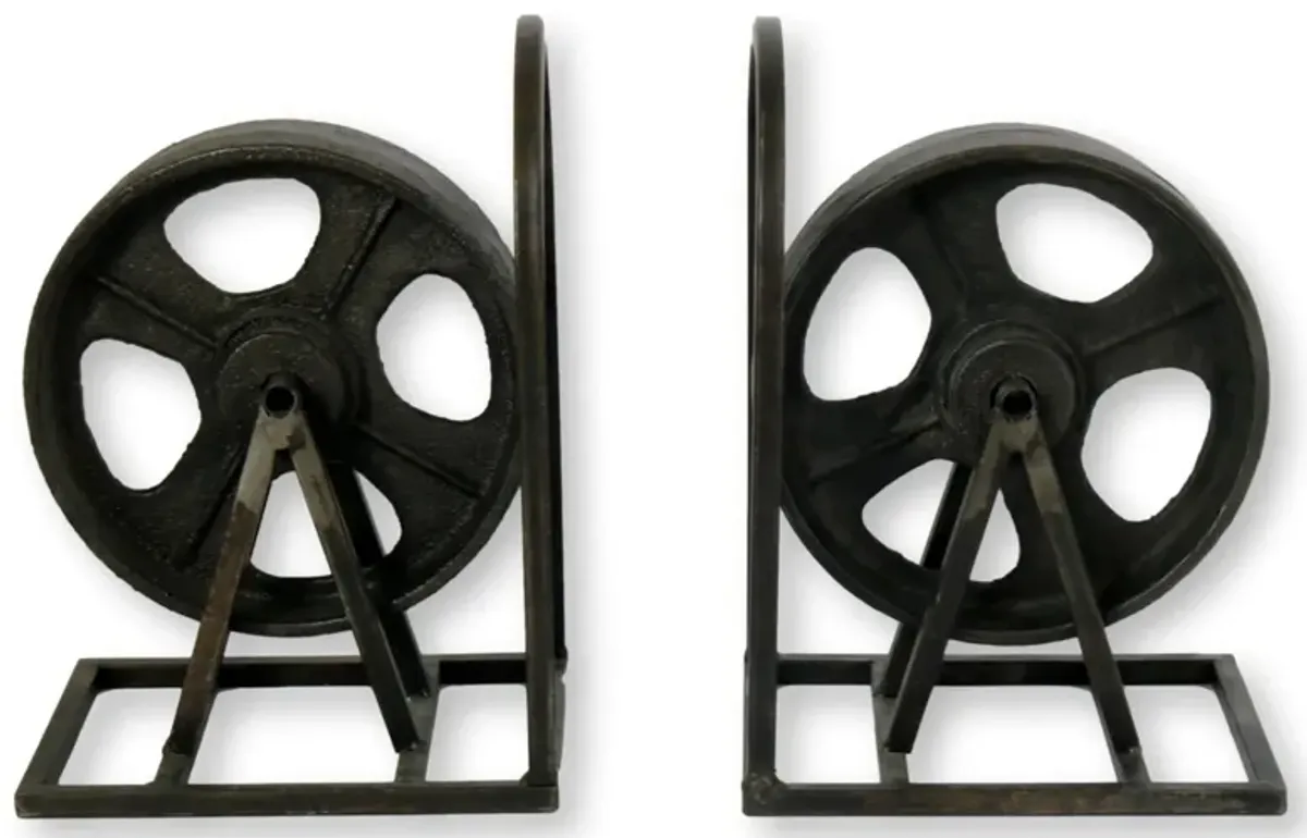 Industrial Wheel Bookends - Set of 2 - The Queens Landing - Black