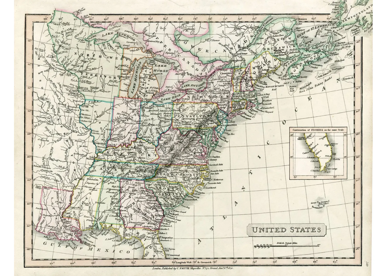 1824 - United States Map - Engraved - Prints with a Past - Beige