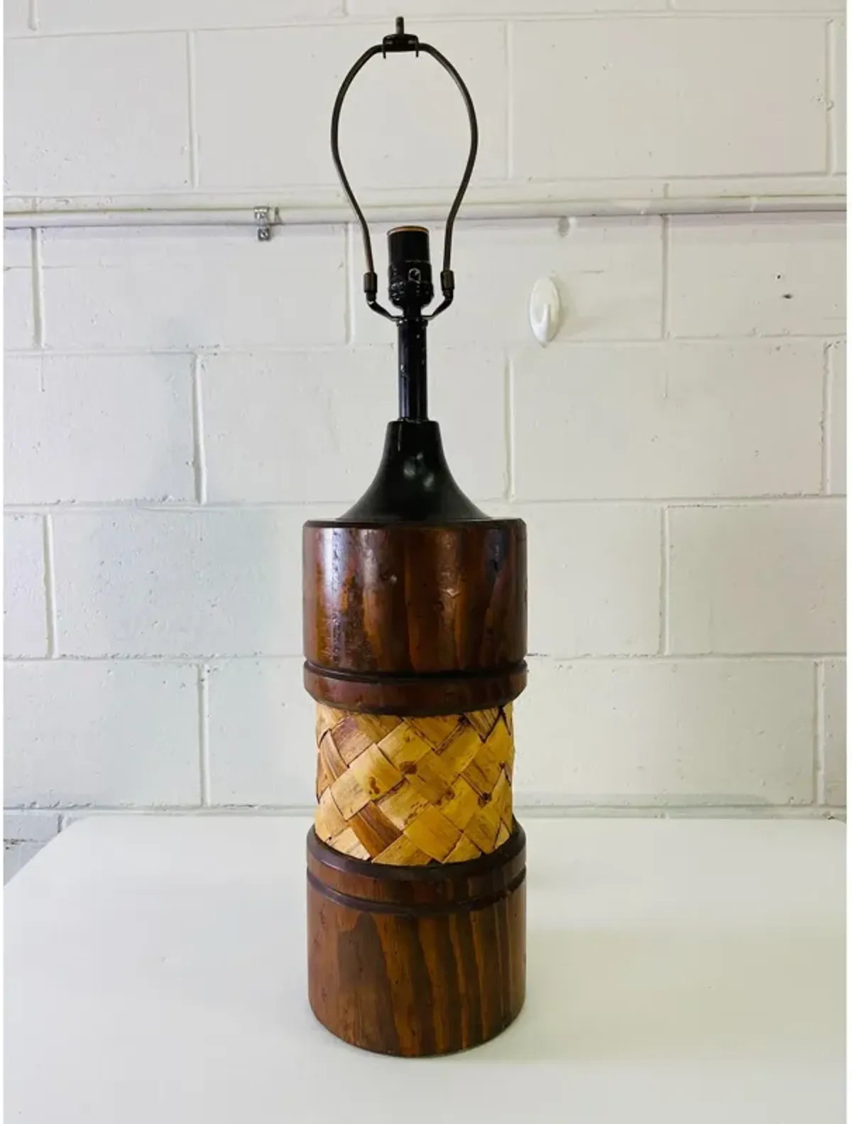 1970s Pine & Rattan Table Lamp - 2-b-Modern