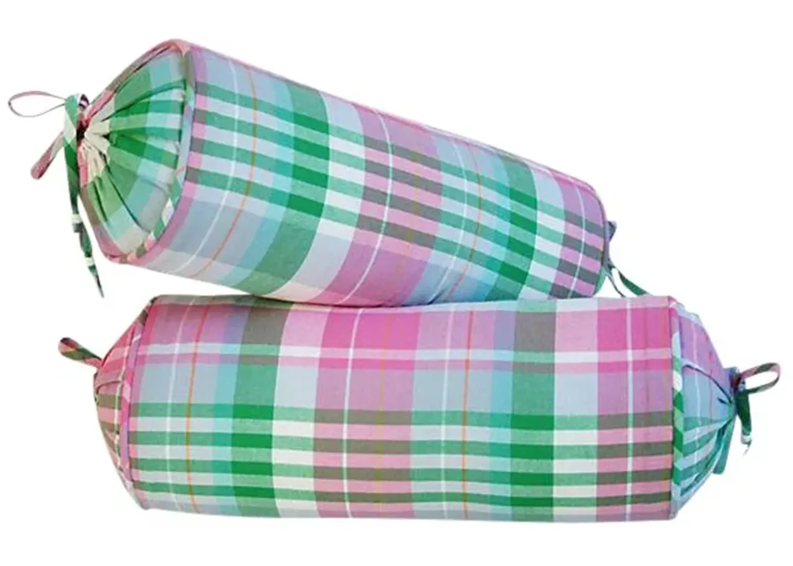 Pink & Green Plaid Bolster Pillows - Pr