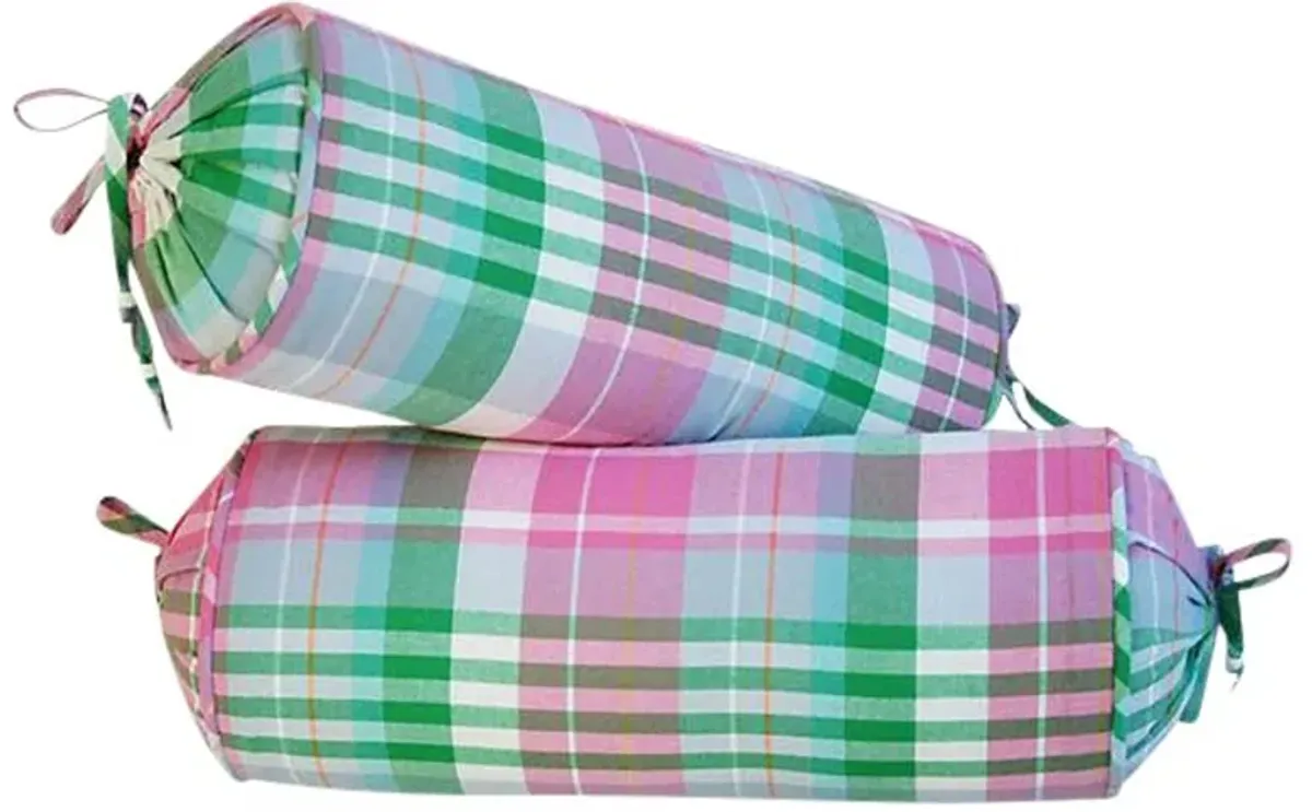 Pink & Green Plaid Bolster Pillows - Pr