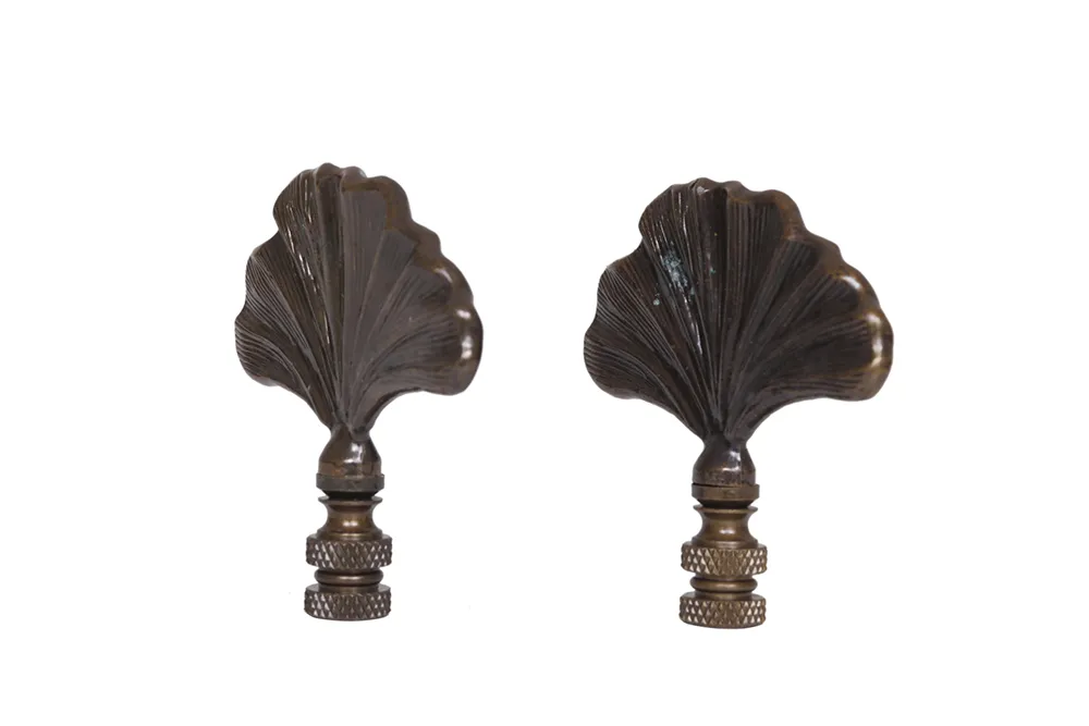 Antiqued Brass Shell Lamp Finials - Set of 2 By Interesting Things - Brown - Fits a standard size lamp harp