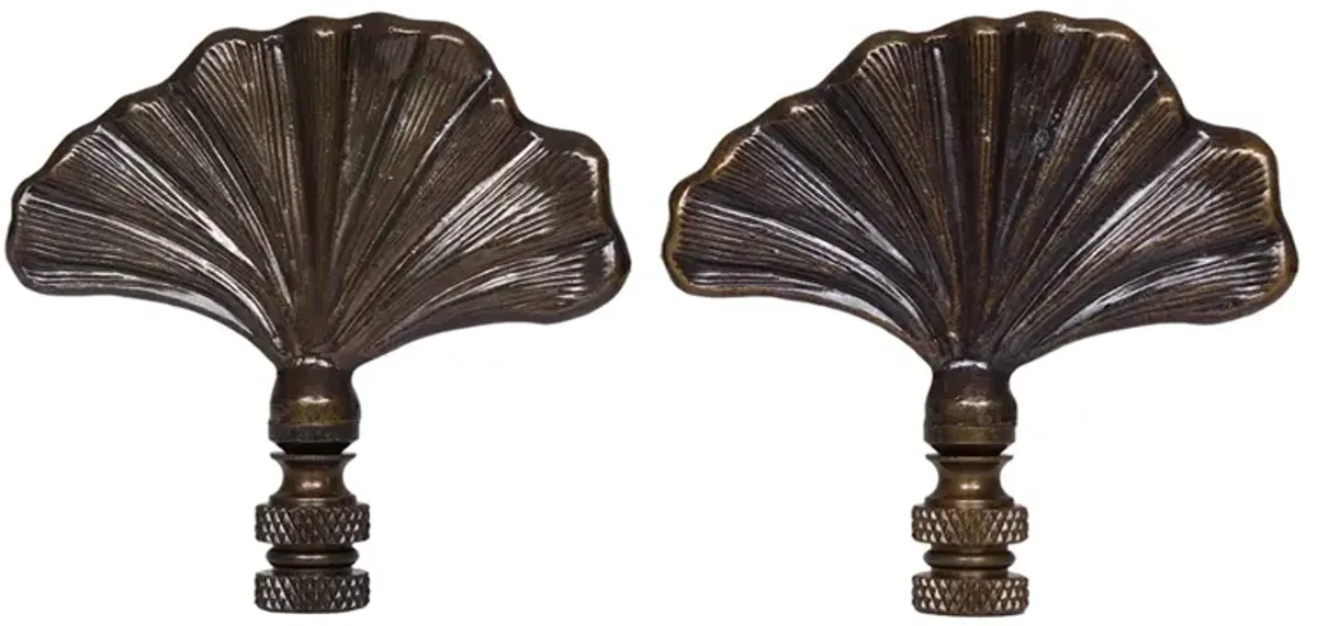 Antiqued Brass Shell Lamp Finials - Set of 2 By Interesting Things - Brown - Fits a standard size lamp harp