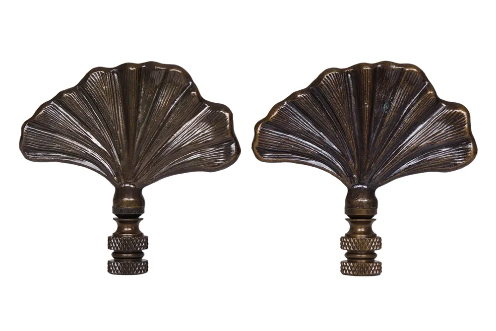 Antiqued Brass Shell Lamp Finials - Set of 2 By Interesting Things - Brown - Fits a standard size lamp harp