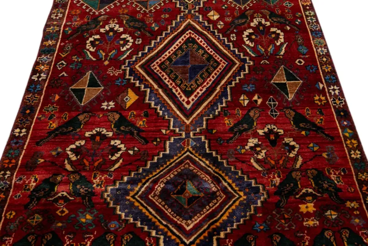 Vintage Shiraz Handmade Red Wool Rug - Apadana - red