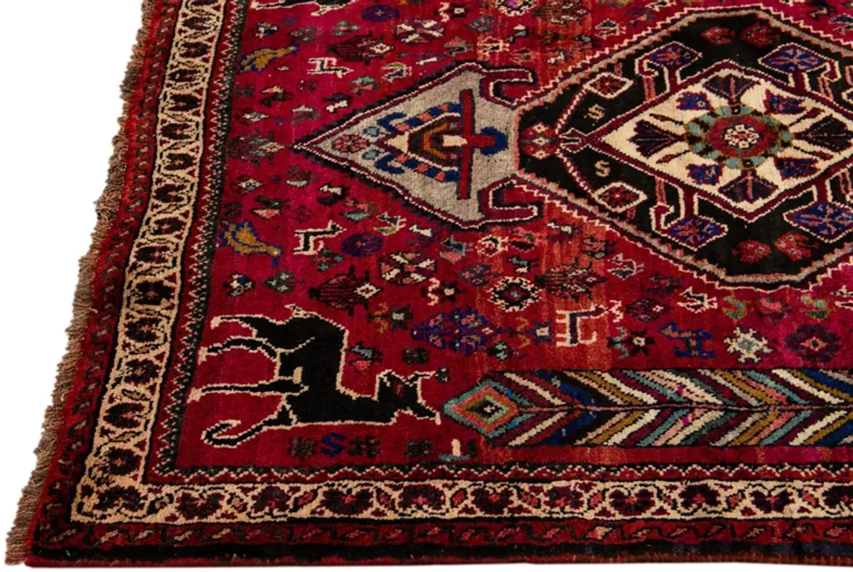 Vintage Shiraz Handmade Red Wool Rug - Apadana - Red