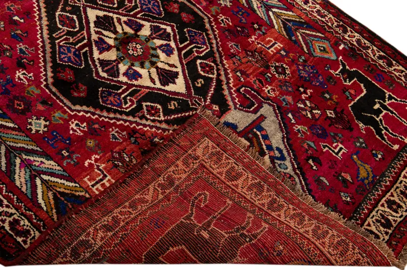 Vintage Shiraz Handmade Red Wool Rug - Apadana - Red