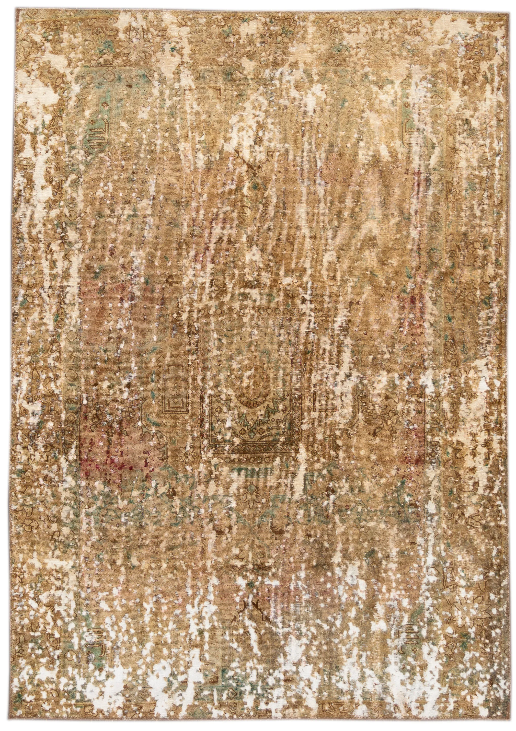 Vintage Distressed Tan Wool Rug - Apadana - Beige - Beige