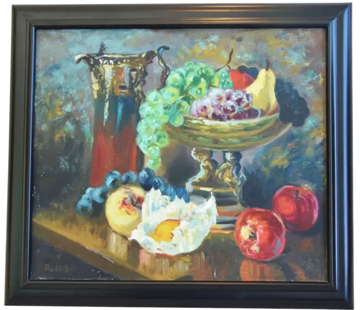 Vtg. Tablescape Fruit Stil Life Painting - Black