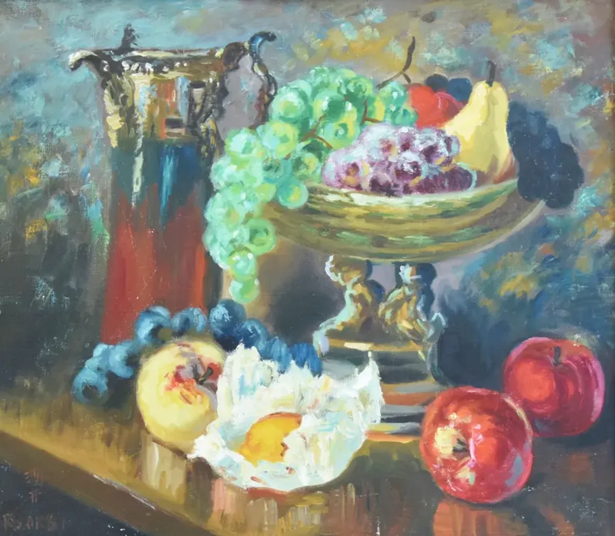 Vtg. Tablescape Fruit Stil Life Painting - Black