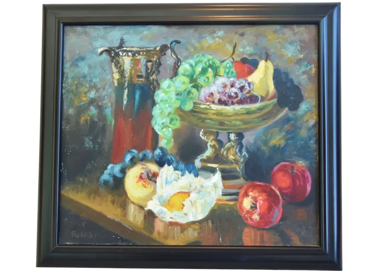 Vtg. Tablescape Fruit Stil Life Painting - Black