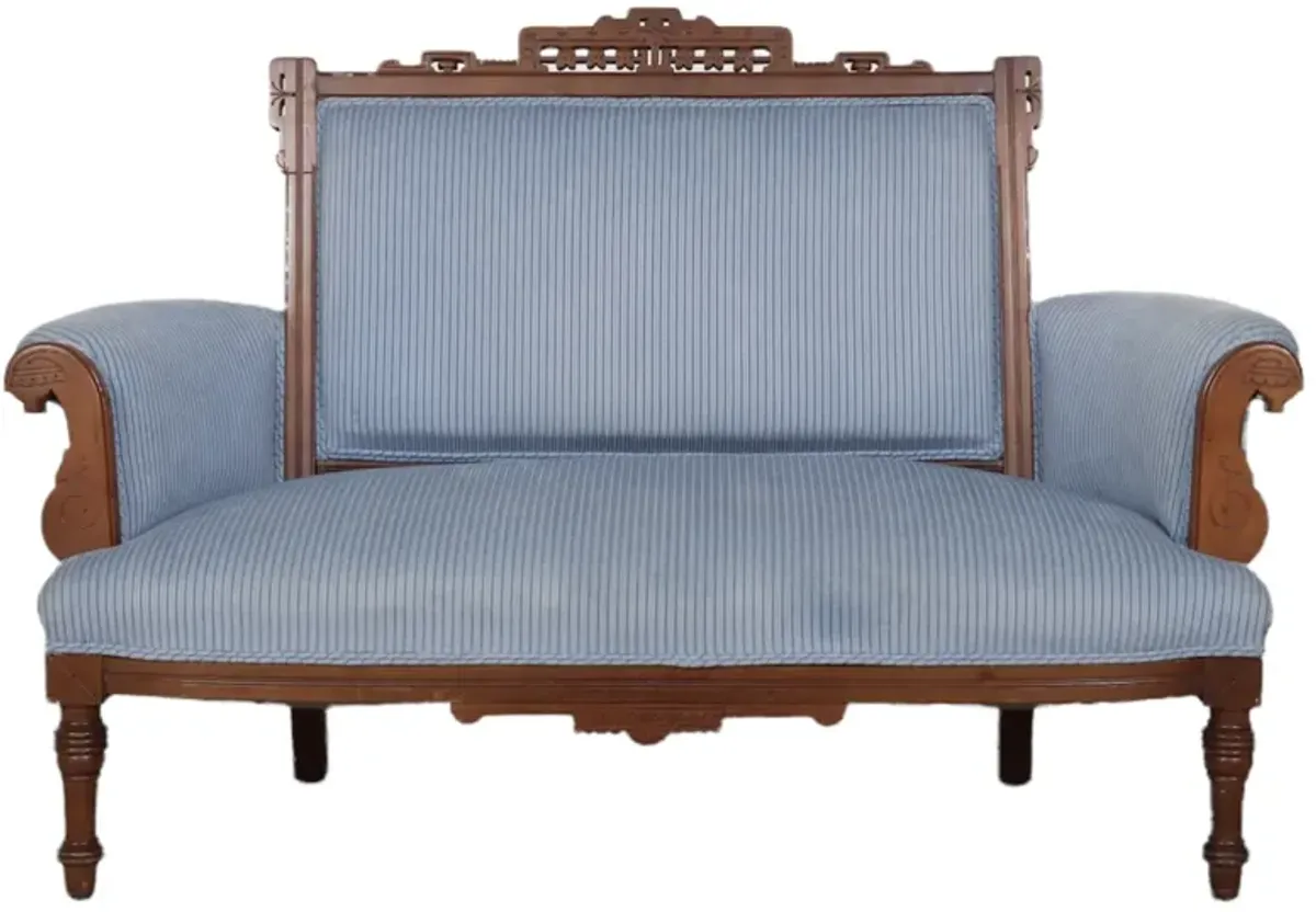 Eastlake Carved Blue Settee - Interesting Things