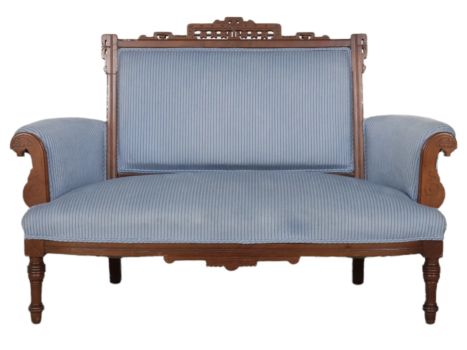 Eastlake Carved Blue Settee - Interesting Things