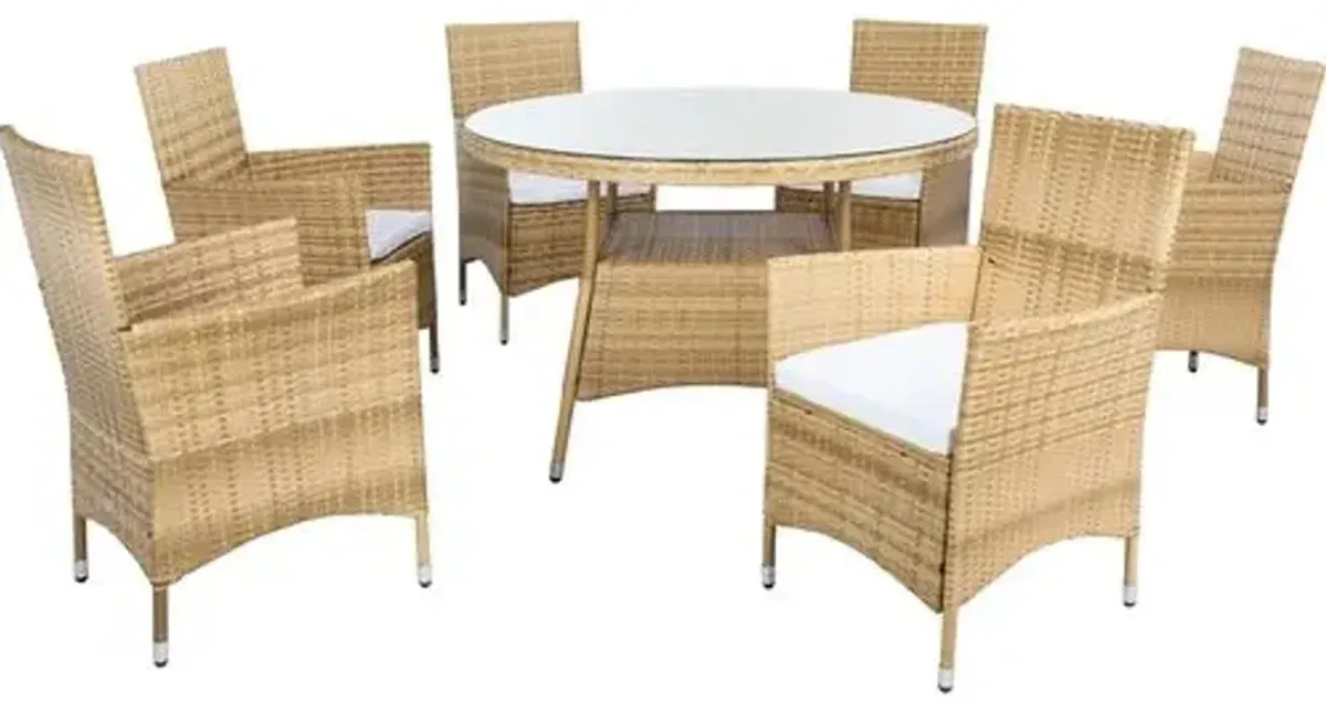 Janis 7-Pc Outdoor Round Dining Set - Natural/White