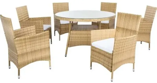 Janis 7-Pc Outdoor Round Dining Set - Natural/White