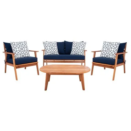 Dora 4-Pc Outdoor Lounge Set - Natural/Navy - Blue