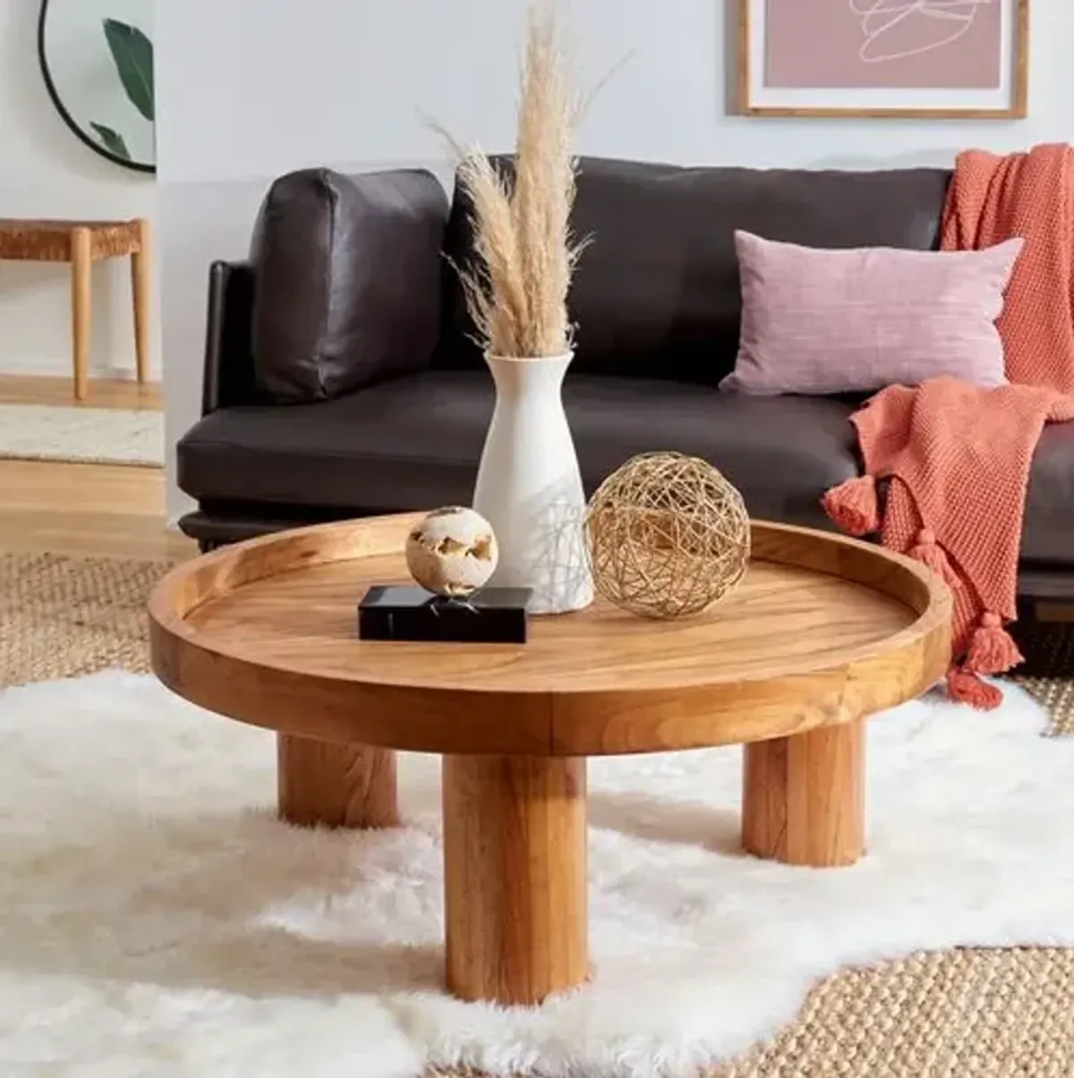 Quentin 3-Leg Round Coffee Table - Natural - Brown