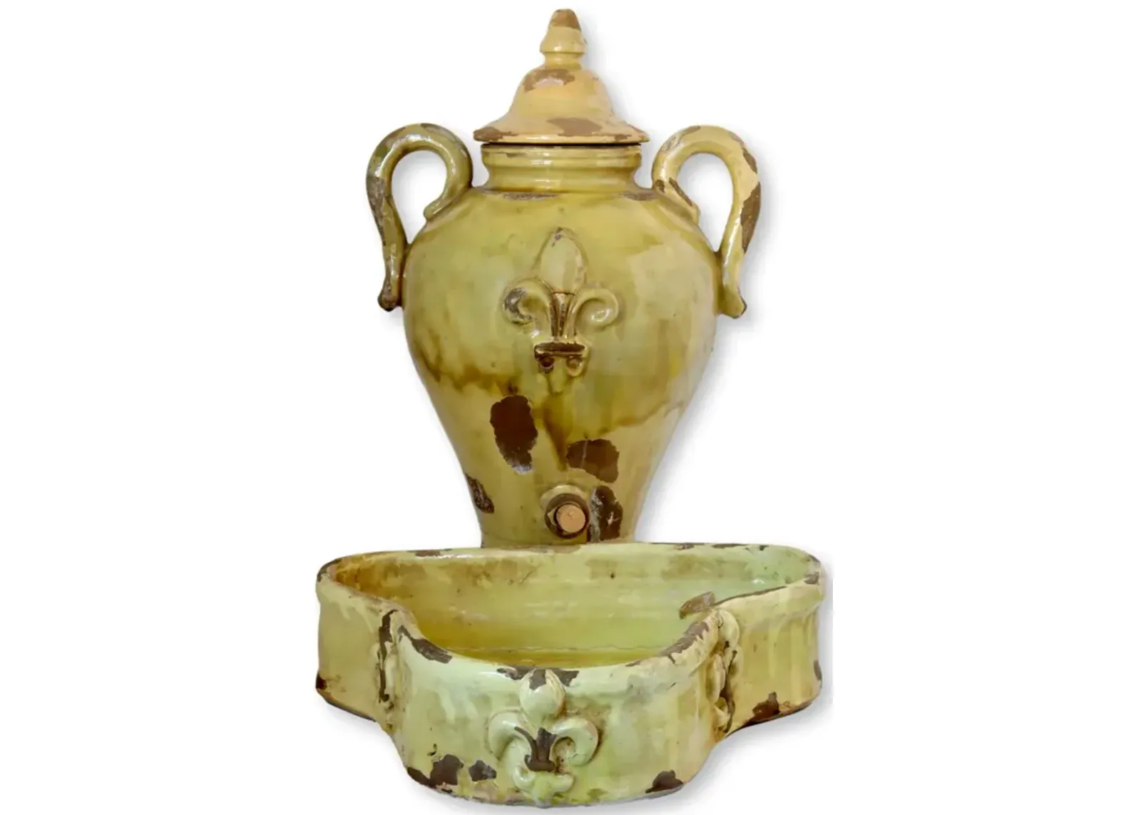 Large Antique French Lavabo / Outdoor Bowl - Rose Victoria - Yellow