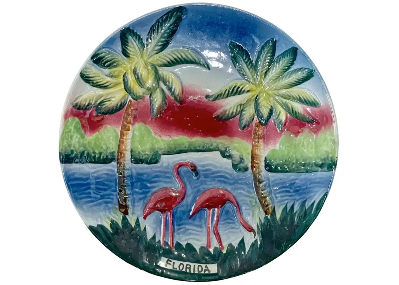 Flamingo Florida Souvenir Wall Plate - Vermilion Designs - Blue