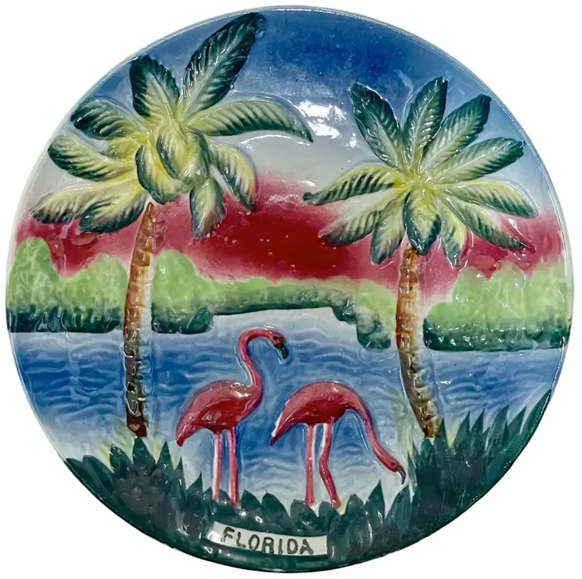 Flamingo Florida Souvenir Wall Plate - Vermilion Designs - Blue