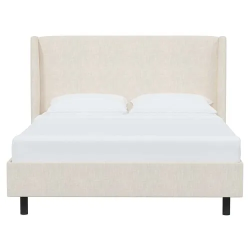 Kelly Wingback Linen Platform Bed - Ivory, No Box Spring Required, Comfortable & Durable