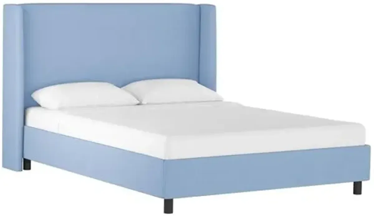 Kelly Wingback Linen Platform Bed - Blue, No Box Spring Required, Comfortable & Durable