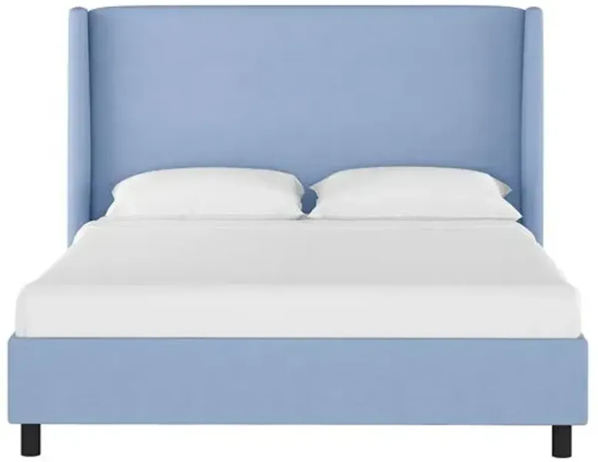 Kelly Wingback Linen Platform Bed - Blue, No Box Spring Required, Comfortable & Durable