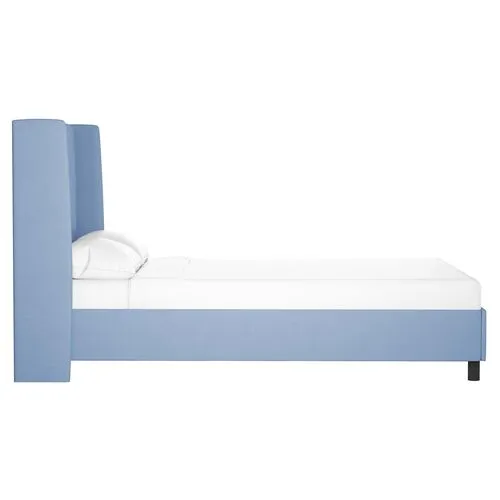 Kelly Wingback Linen Platform Bed - Blue, No Box Spring Required, Comfortable & Durable