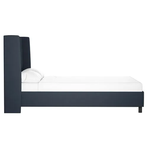 Kelly Wingback Linen Platform Bed - Blue, No Box Spring Required, Comfortable & Durable