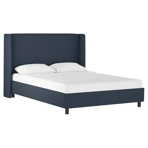 Kelly Wingback Linen Platform Bed - Blue, No Box Spring Required, Comfortable & Durable