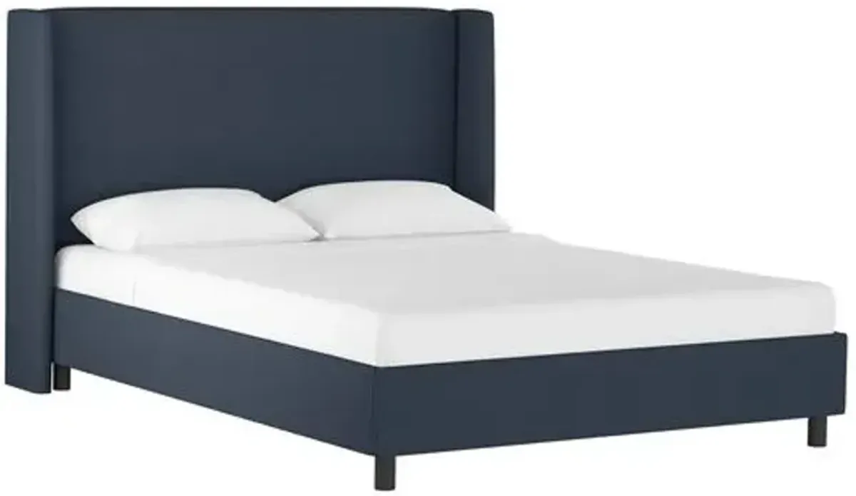 Kelly Wingback Linen Platform Bed - Blue, No Box Spring Required, Comfortable & Durable