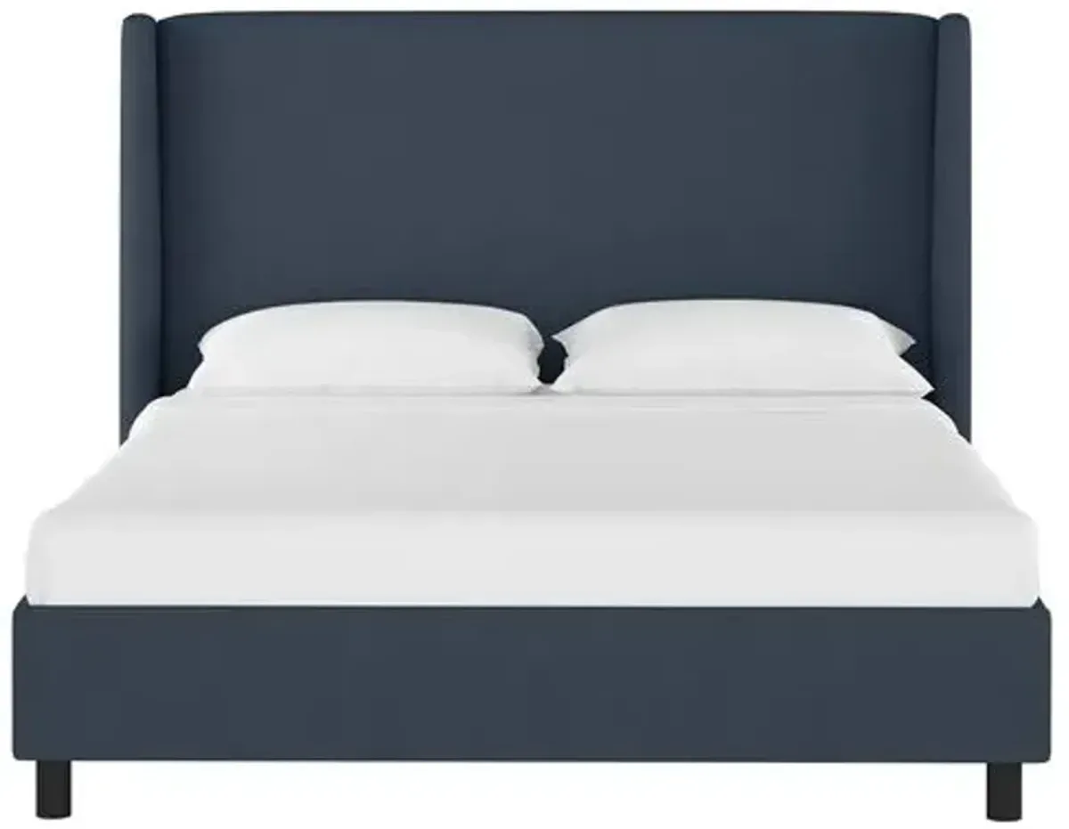 Kelly Wingback Linen Platform Bed - Blue, No Box Spring Required, Comfortable & Durable