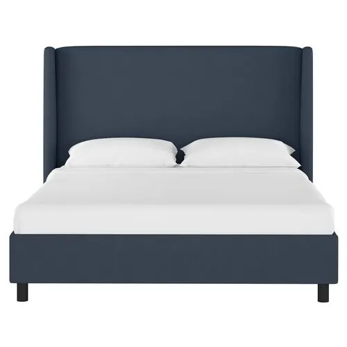 Kelly Wingback Linen Platform Bed - Blue, No Box Spring Required, Comfortable & Durable