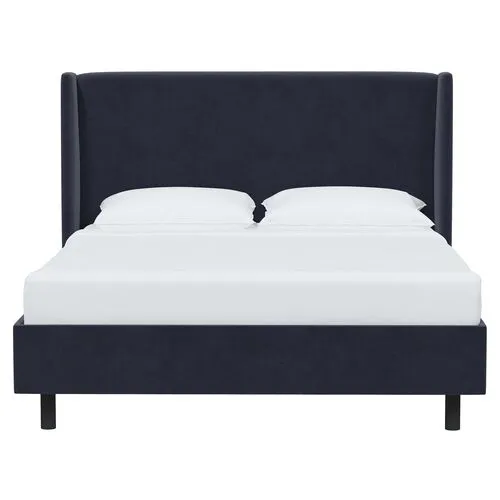 Kelly Velvet Wingback Platform Bed - Blue, No Box Spring Required, Upholstered, Comfortable & Durable