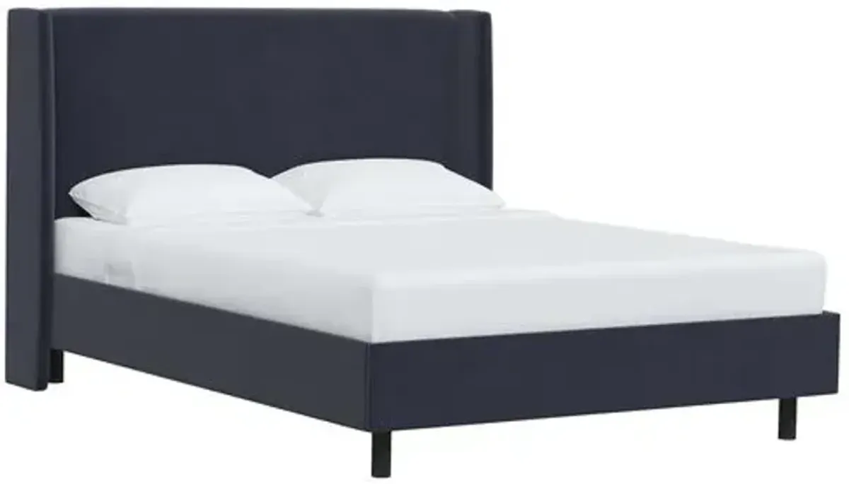 Kelly Velvet Wingback Platform Bed - Blue, No Box Spring Required, Upholstered, Comfortable & Durable