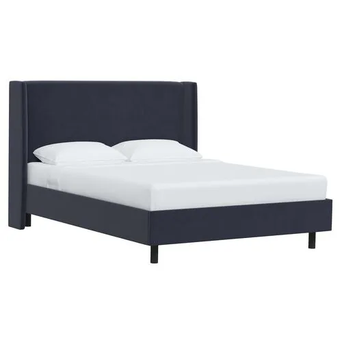 Kelly Velvet Wingback Platform Bed - Blue, No Box Spring Required, Upholstered, Comfortable & Durable