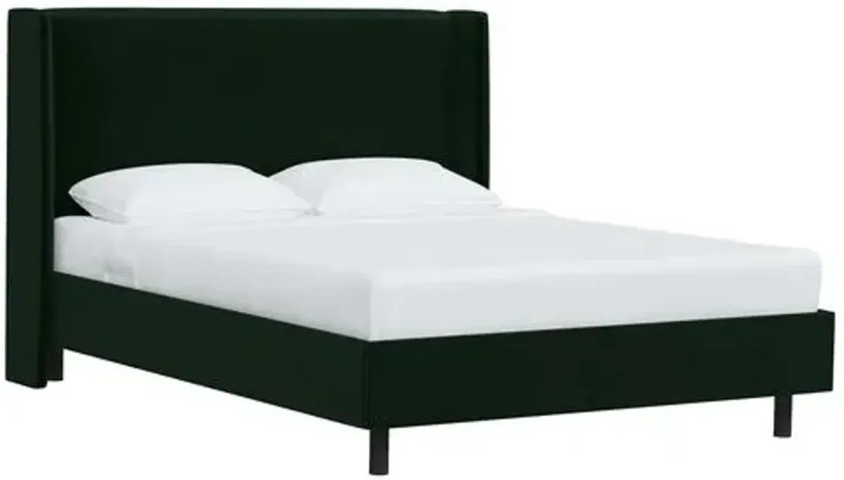 Kelly Velvet Wingback Platform Bed - Green, No Box Spring Required, Upholstered, Comfortable & Durable