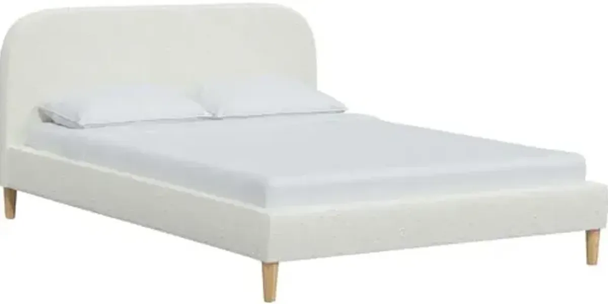 Siena Bouclé Platform Bed - White - Rounded Headboard Corners, No Box Spring Required