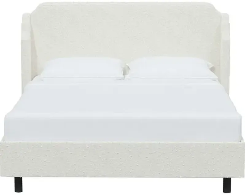 Aurora Bouclé Wingback Platform Bed - White, No Box Spring Required, Upholstered, Comfortable & Durable