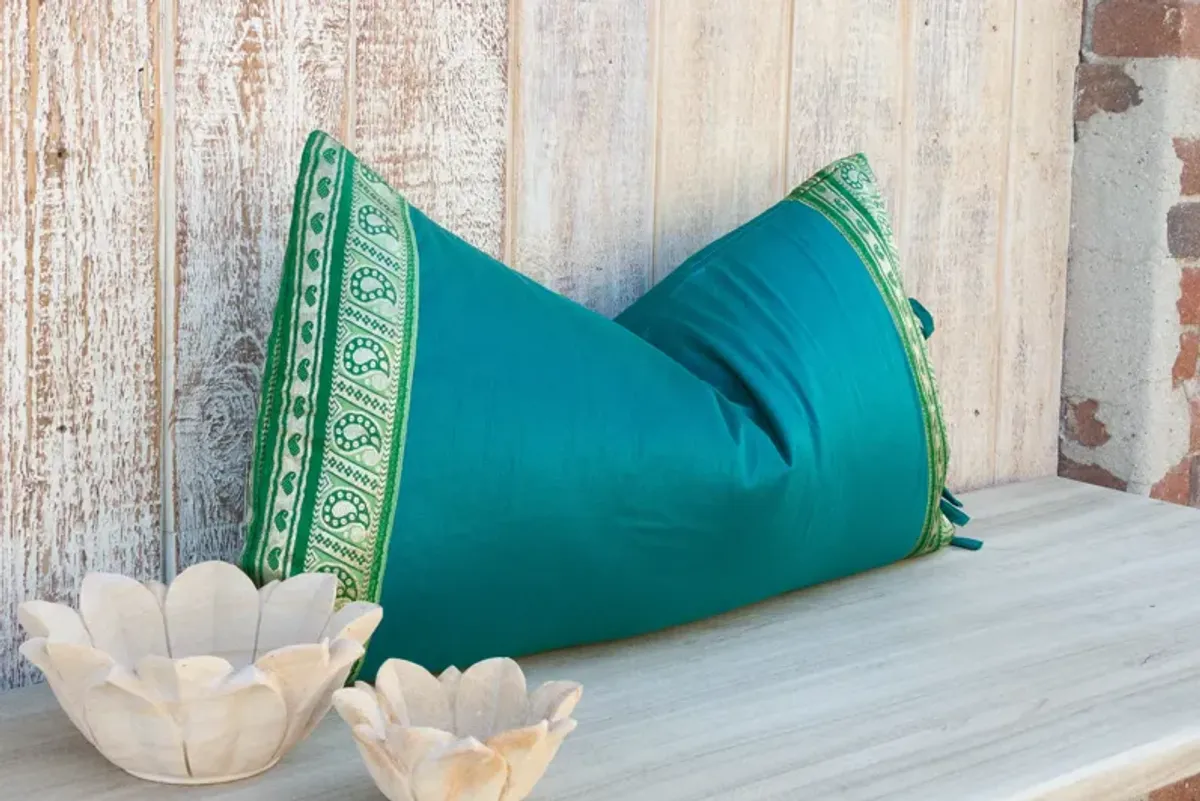 Teal Large Festive Indian Silk Pillow - de-cor