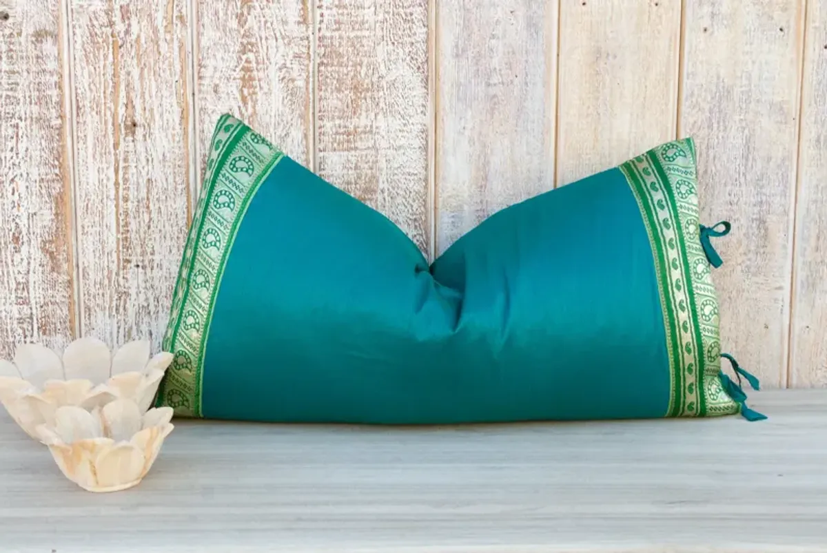 Teal Large Festive Indian Silk Pillow - de-cor