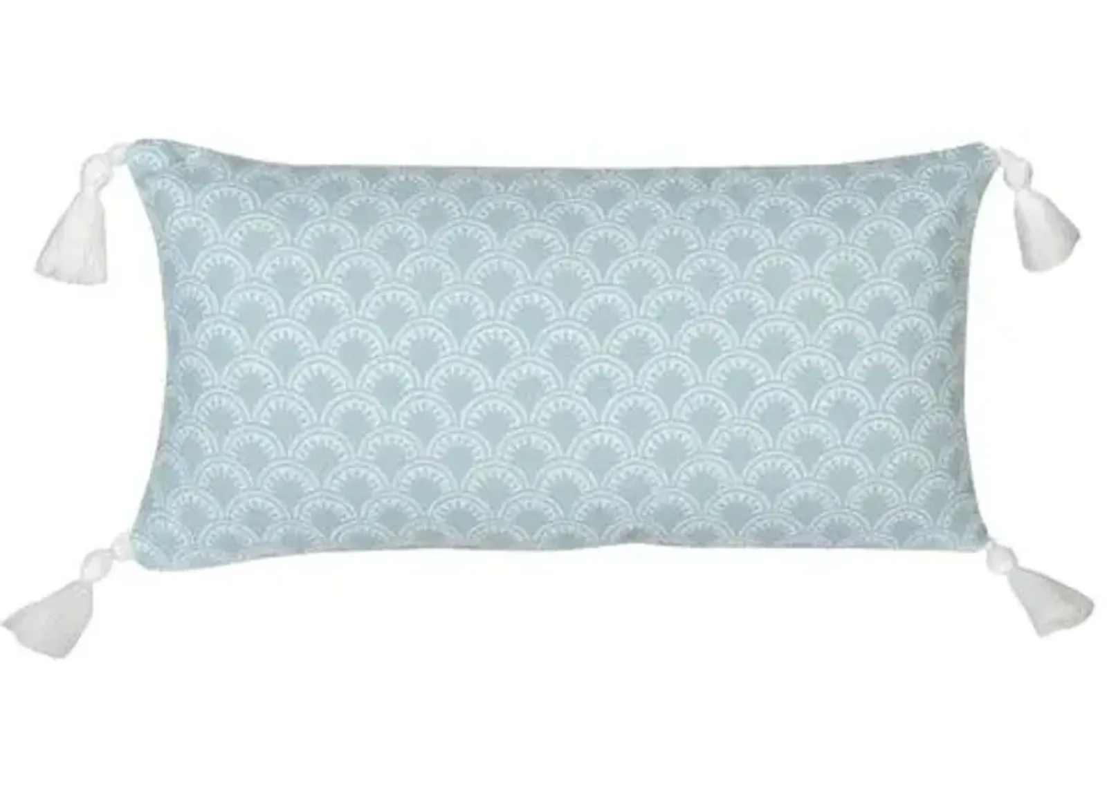 Scallop Tassel Outdoor Lumbar Pillow - Aqua/White