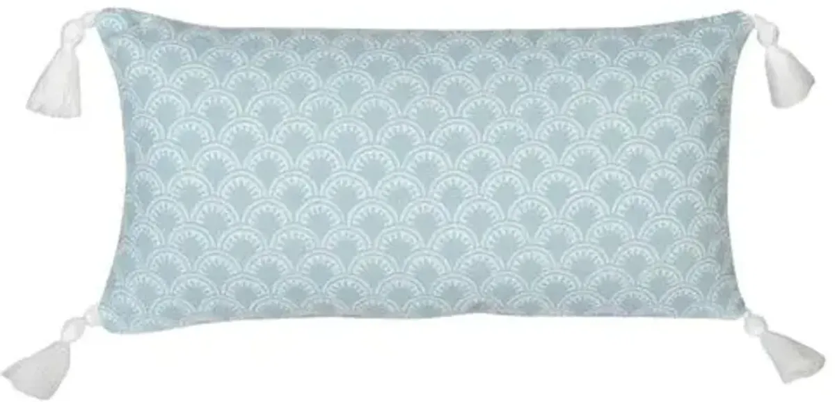 Scallop Tassel Outdoor Lumbar Pillow - Aqua/White