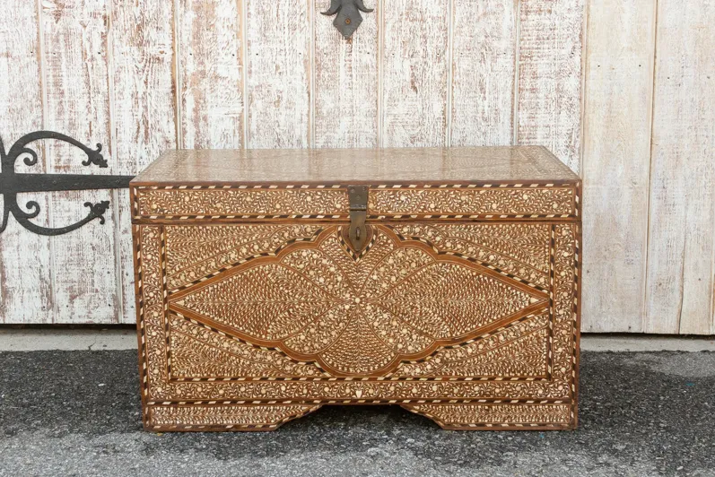 Antique Inlaid Indian Seashell Trunk - de-cor - Brown