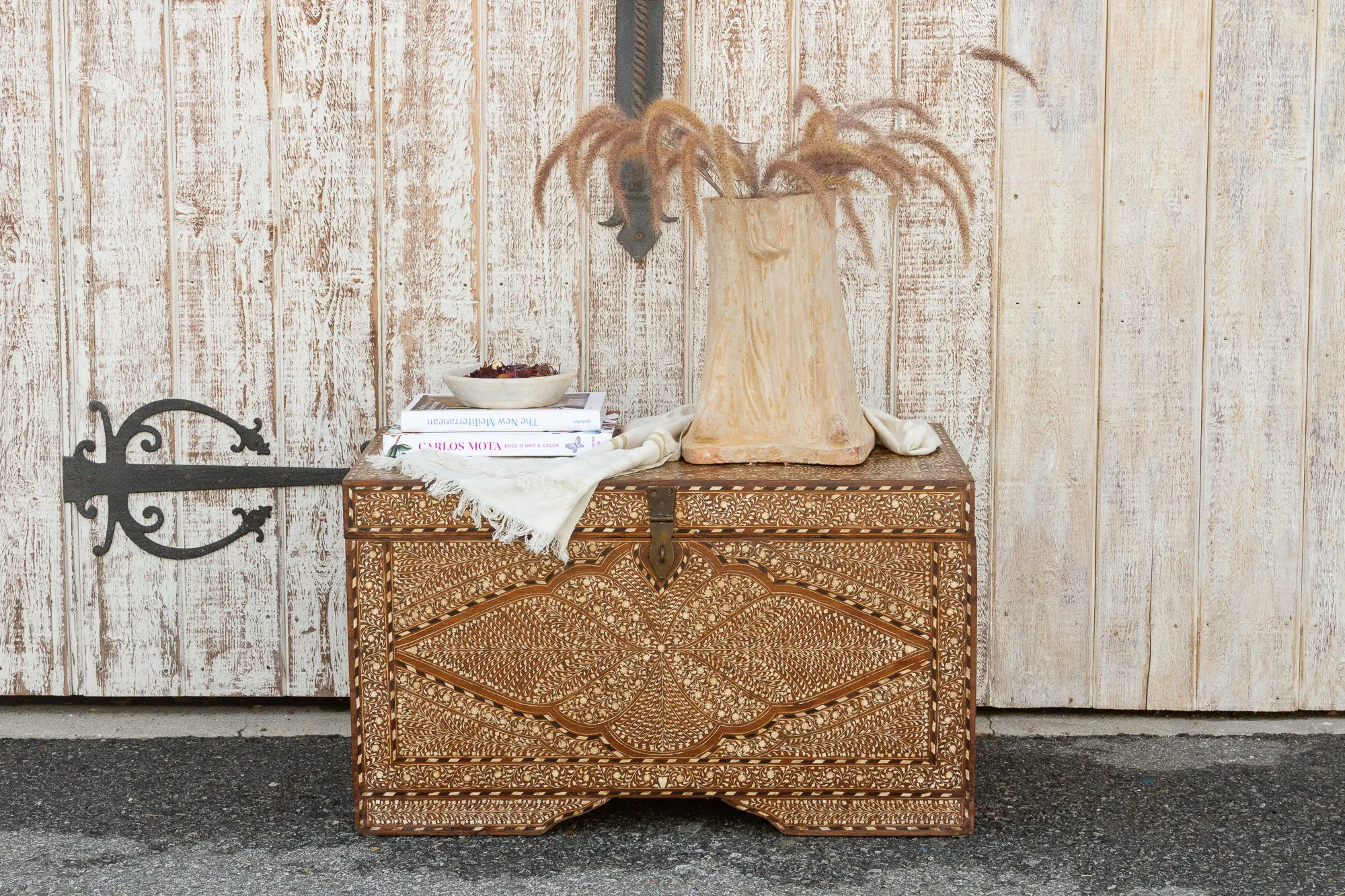 Antique Inlaid Indian Seashell Trunk - de-cor - Brown