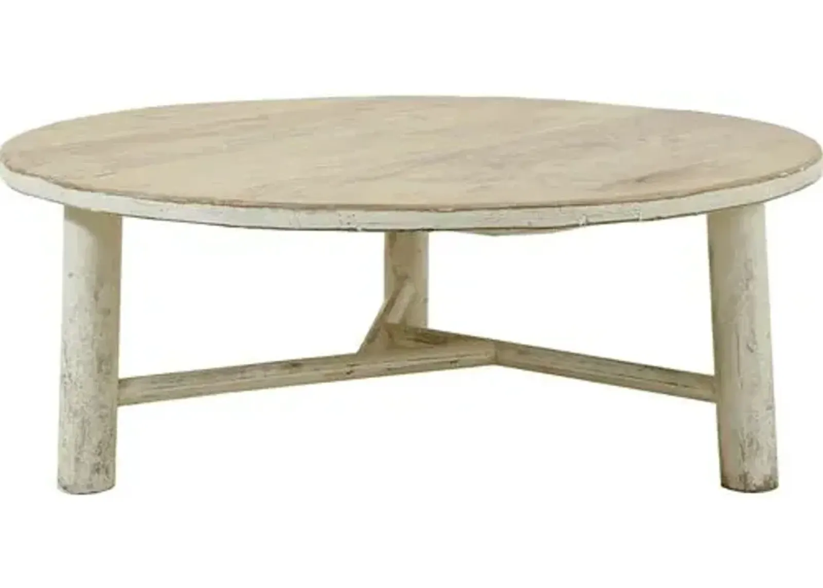 Moses 47" Round Coffee Table - Weathered Whitewash - Handcrafted - Beige