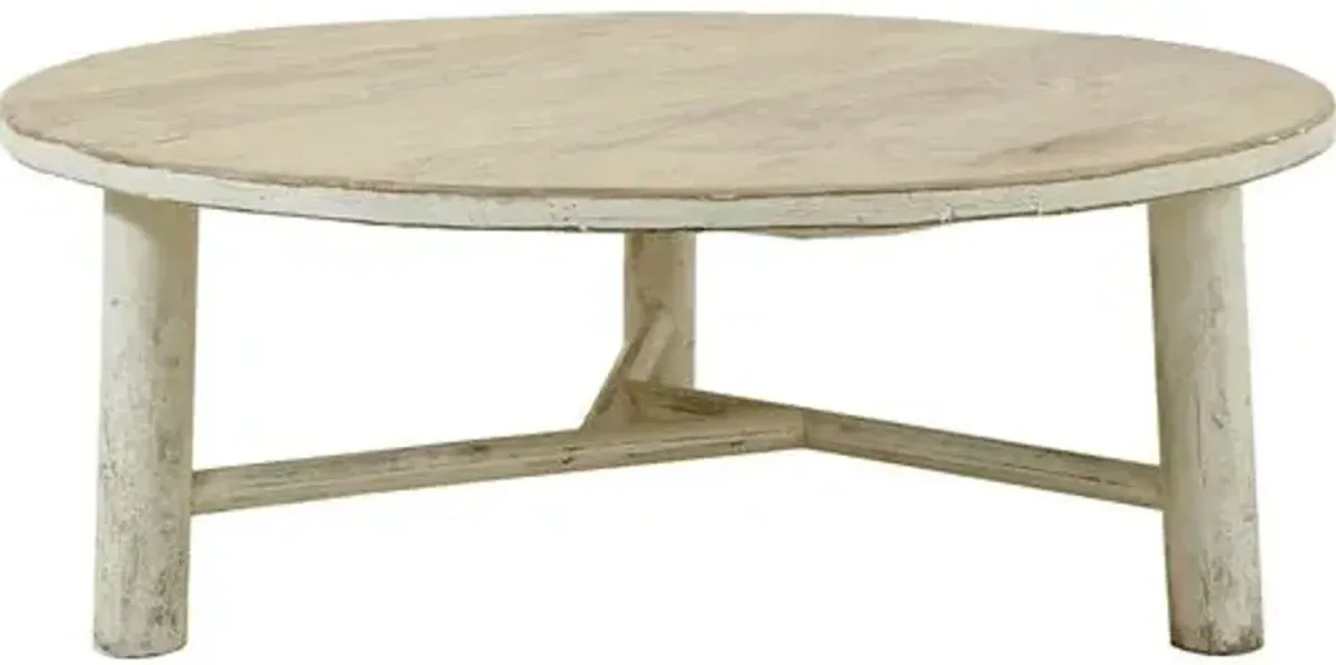 Moses 47" Round Coffee Table - Weathered Whitewash - Handcrafted - Beige