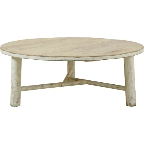 Moses 47" Round Coffee Table - Weathered Whitewash - Handcrafted - Beige