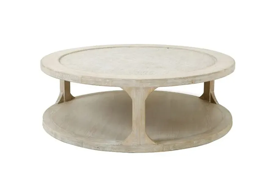 Anita 50" Round Coffee Table - Weathered Whitewash - Handcrafted - Beige